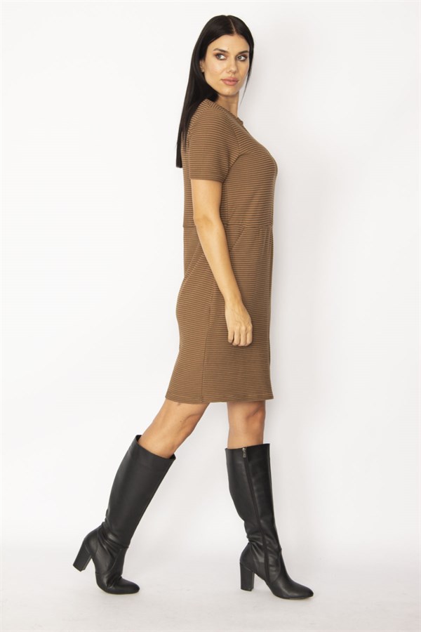 WOMEN'S BROWN SELF-STRIPED DRESS WITH POCKETS