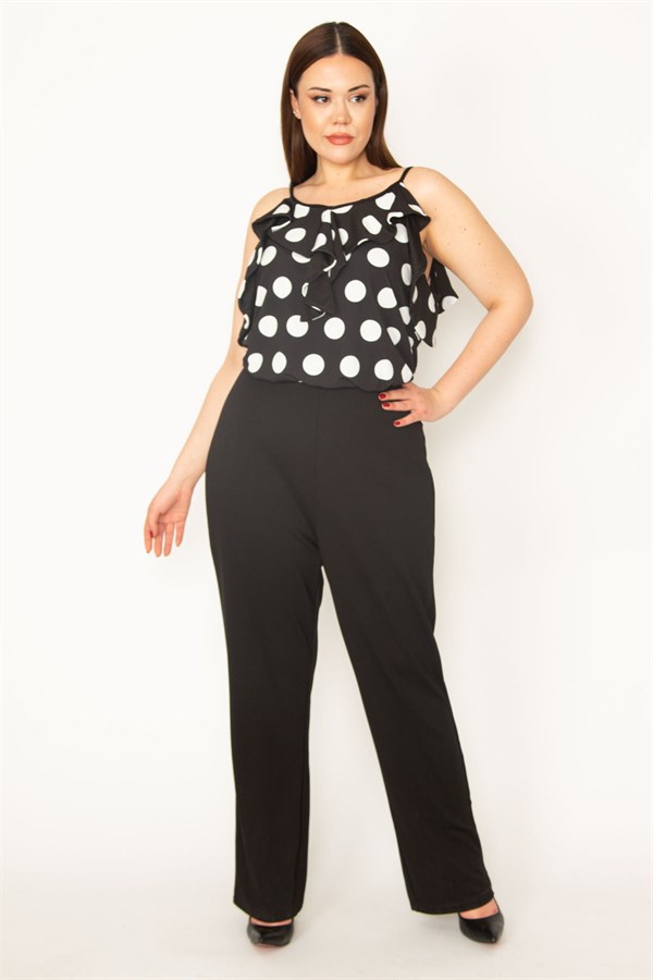 KADIN SİYAH V YAKA ASKILI VOLAN KOLLU BEL KISMI LASTİK DETAYLI TULUM