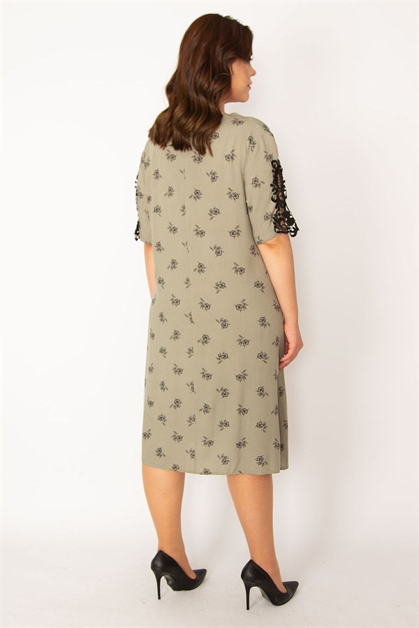 Kadın Haki Dokuma Viskon Kumaşv Yaka Dantel Detaylı Elbise 65N33533