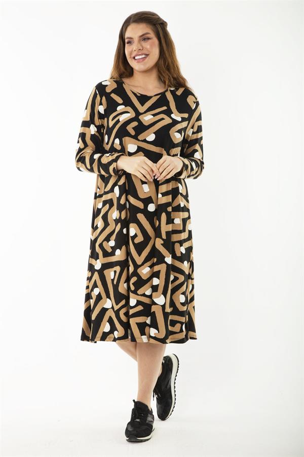 Kadın Büyük Beden Renkli Uzun Kollu Desenli Elbise 65N37189