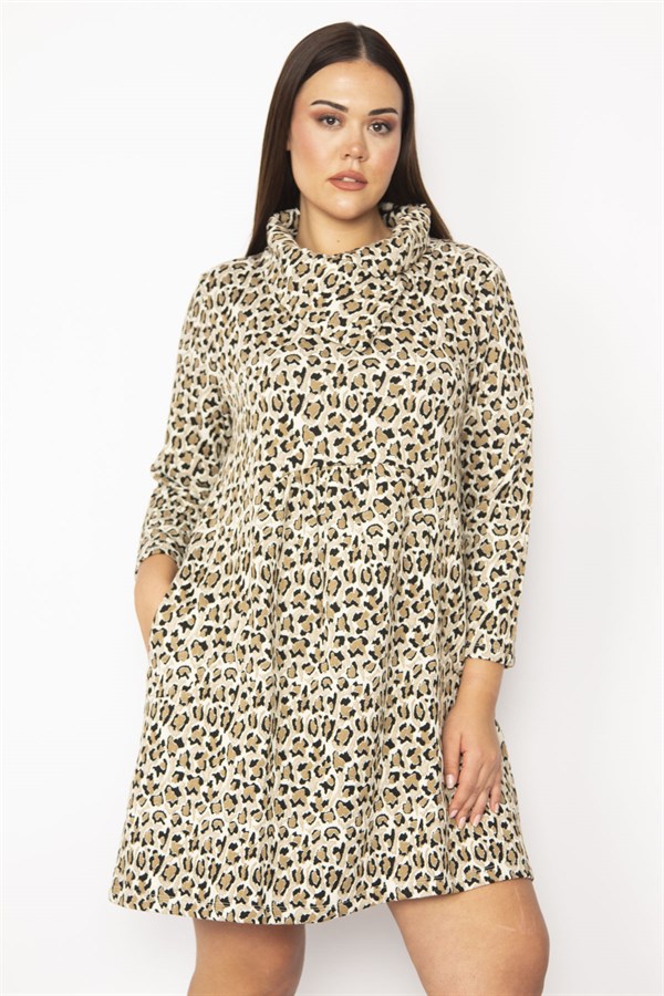 KADIN VİZON YAKA VE ÖN DETAYLI ARKA ORTASI LASTİK BÜZGÜLÜ CEPLİ ELBİSE