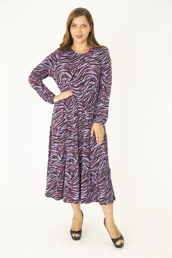 Kadın Büyük Beden Lila Öpücük Yaka Katlı Uzun Kollu Elbise 65N36913