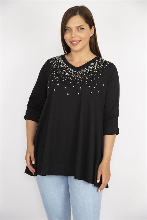 Kadın Siyah Büyük Beden Taş İşli V Yaka Kolu Lastik Büzgülü Bluz