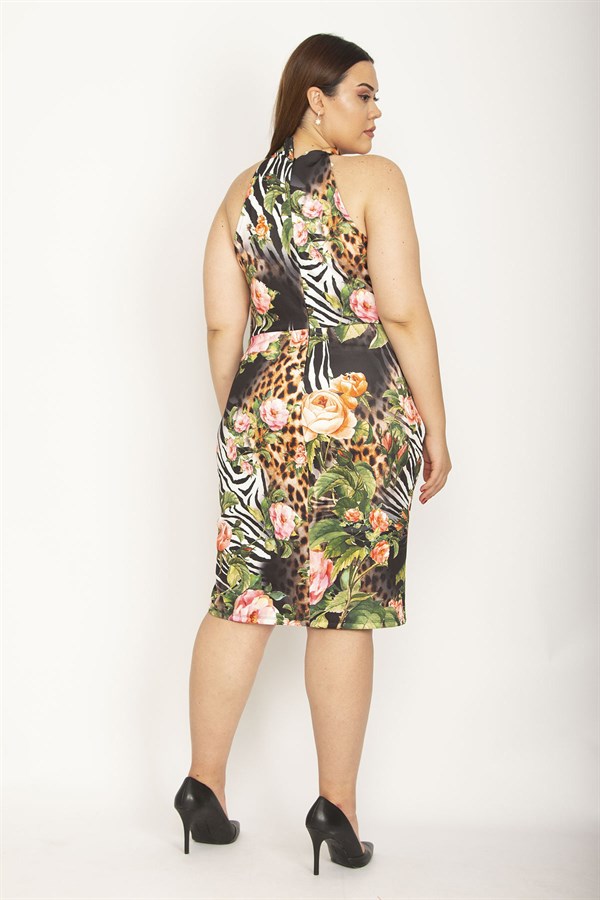 KADIN RENKLİ HALTER YAKALI ETEĞİ KAPALI ANVELOP ÇİÇEK DESENLİ ELBİSE