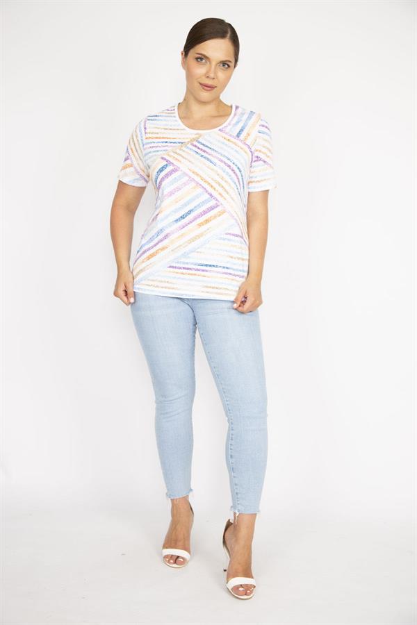 Kadın Renkli Büyük Beden Pamuklu Kumaş Bisiklet Yakalı Kısa Kollu Bluz