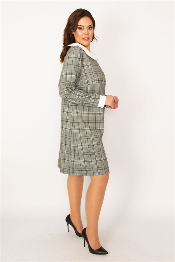 KADIN GRİ BEBE YAKA EKOSE DESENLİ ELBİSE