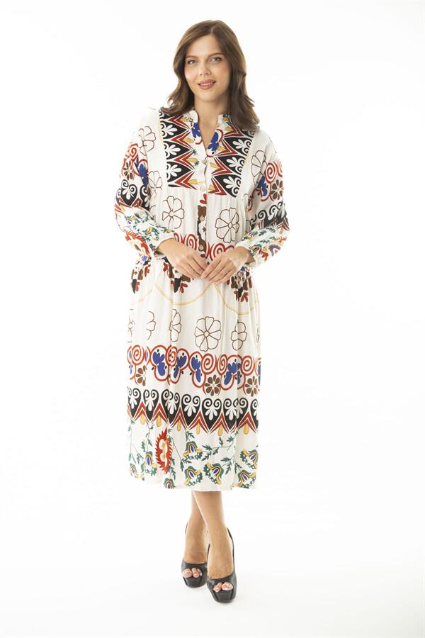 Kadın Büyük Beden Saks Dokuma Viskon Kumaş Ön Yarım Düğmeli Uzun Kollu Elbise 65N36886