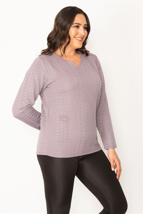 KADIN LACİVERT V YAKALI ARKA ŞERİT DETAYLI KENDİNDEN DESENLİ TUNİK