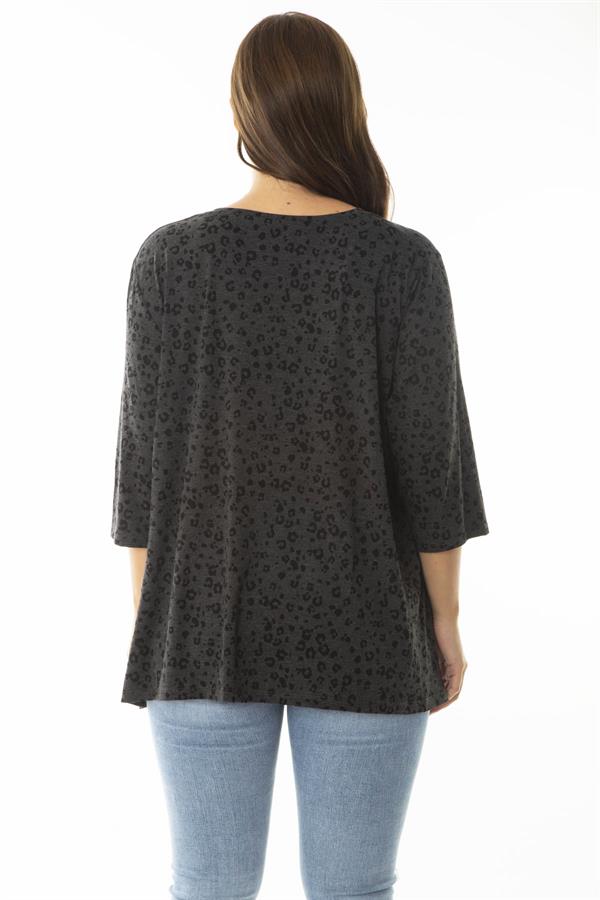 Kadın Büyük Beden Antrasit V Yakalı Kapri Kol Desenli Bluz 65N36959