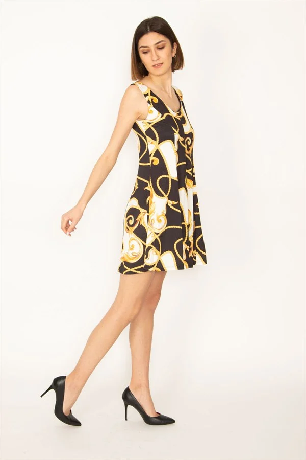 KADIN RENKLİ ÖN ARKA V YAKA DESENLİ ELBİSE