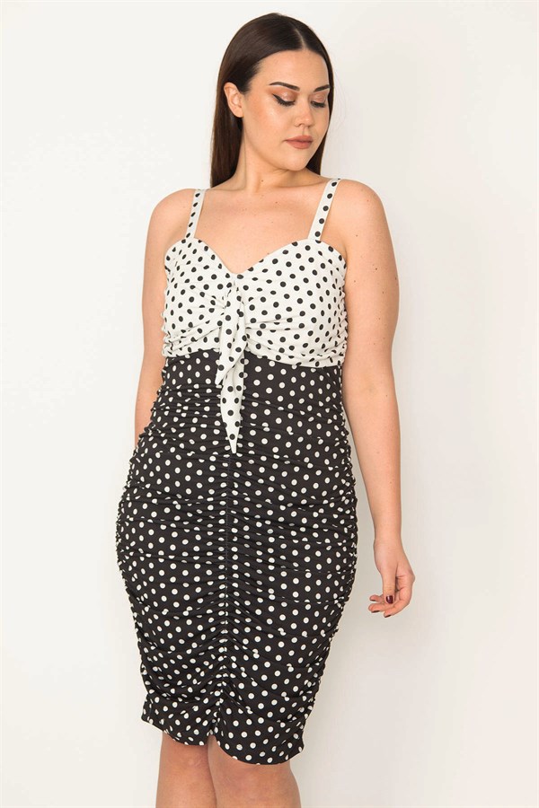 WOMEN'S BLACK SHIRT-DETAILED POINT PATTERNED STRAP DRESS