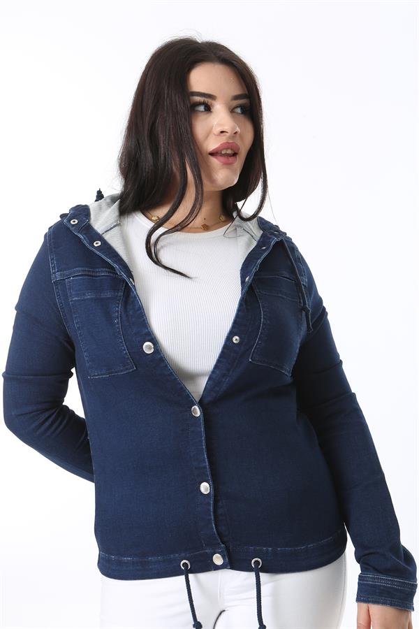 Women's Plus Size Navy Blue Snap Button Hooded Denim Coat 65N38380