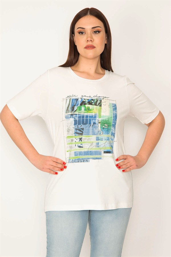 KADIN BEYAZ TAŞ VE LAK BASKILI BLUZ