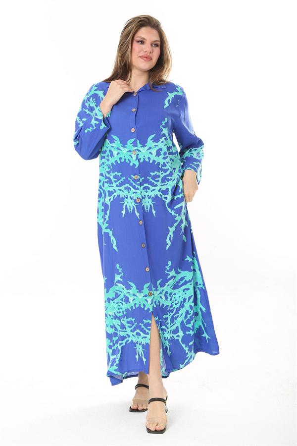 Kadın Büyük Beden Mavi Ön Boy Düğmeli Gömlek Yakalı Uzun Elbise 65N37875