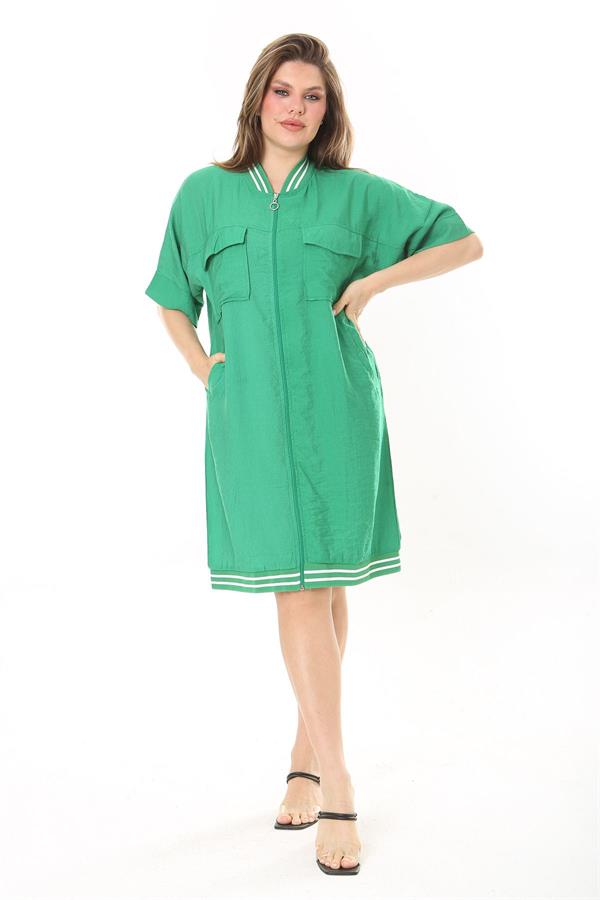 Kadın Büyük Beden Nar Ön Fermuarlı Ribana Detaylı Aerobin Kumaş Elbise 65N37880