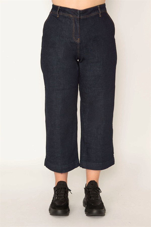 KADIN LACİVERT KLASİK KESİM YAN CEPLİ GENEİŞ PAÇALI BİLEK BOY KOT PANTOLON