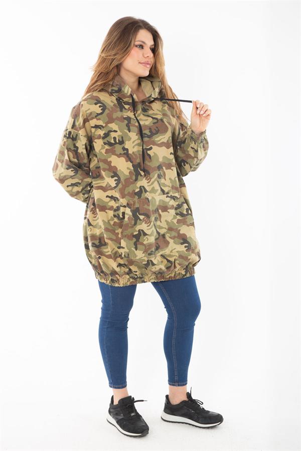 Women's Plus Size Khaki Casual Cut Camouflage Patterned Hooded Kangaroo Pocket Long Sweatshirt 65N37298