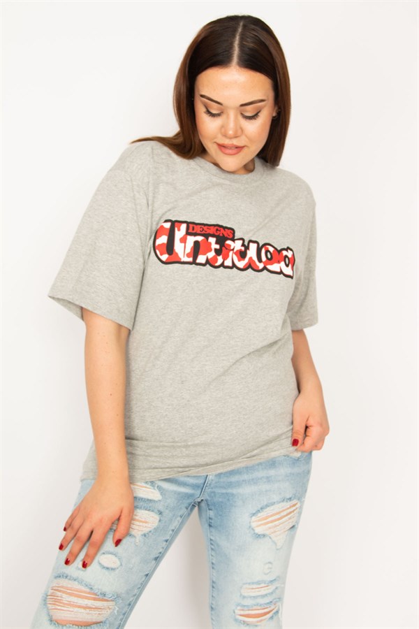 Kadın Gri Dijital Baskılı Pamuklu Kumaş Bluz 65N33273