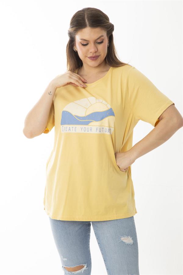 Kadın Büyük Beden Sarı Pamuklu Kumaş Ön Baskılı Bluz 65N37097