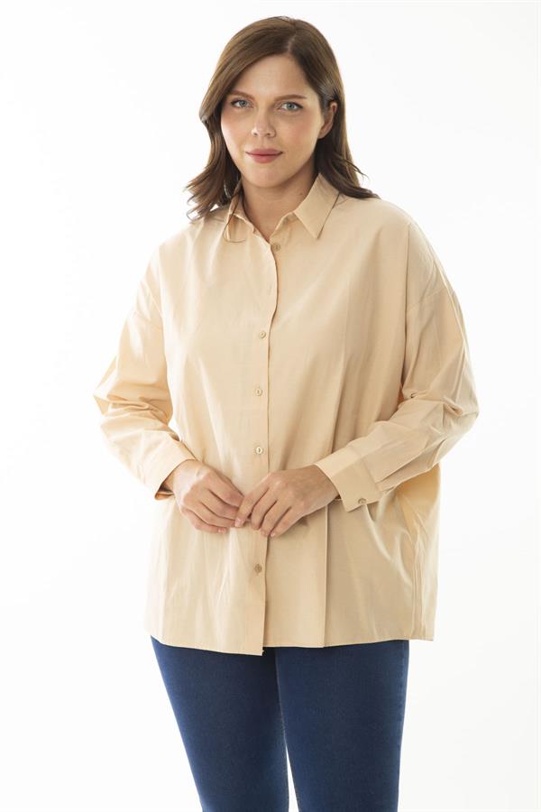 Kadın Büyük Beden Bej Ön Düğmeli Uzun Kollu Gömlek 65N37041