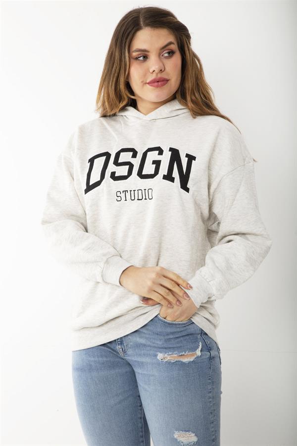 Kadın Büyük Beden Gri İçi Şardonlu Nakış Ve Kapşon Detaylı Sweatshirt 65N37208