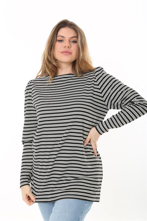 Kadın Büyük Beden Siyah Omuz Büzgülü Bisiklet Yakalı Çizgili Bluz 65N37524