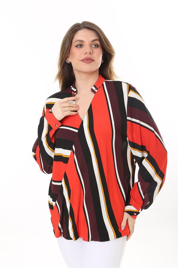 Kadın Büyük Beden Bej Dokuma Viskon Kumaş Kapalı Anvelop Bluz 65N37614