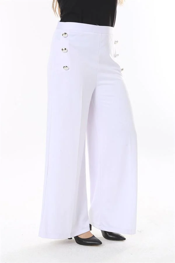 Kadın Büyük Beden Beyaz Süs Metal Düğmeli Cepsiz Pantolon 65N37817