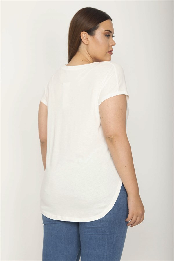 KADIN KEMİK V YAKALI GÖĞÜS KISMI BASKILI ETEK UCU OVAL KESİM BLUZ