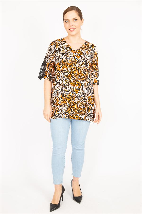 Kadın Mavi Büyük Beden Dokuma Viskon Kumaş Kolları Dantel Detaylı V Yakalı Bluz