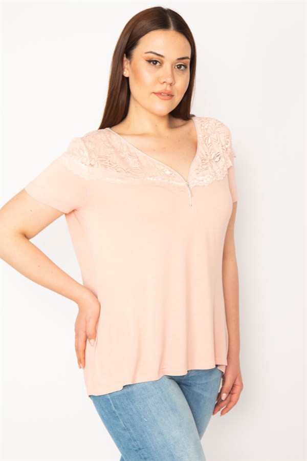 KADIN SOMON ÖN PATI FERMUARLI DANTEL DETAYLI BLUZ