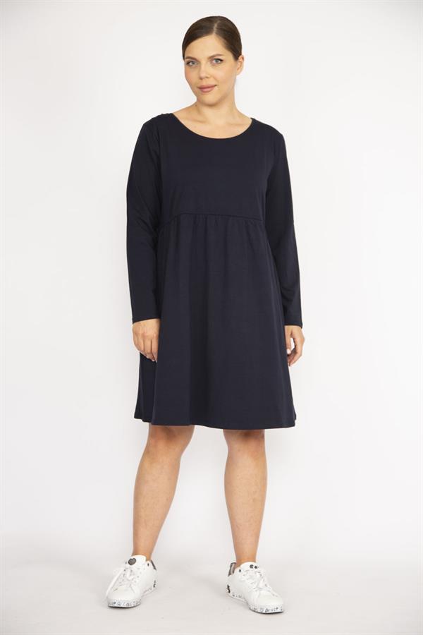 Kadın Büyük Beden Lacivert Bisiklet Yakalı Belden Büzgülü Uzun Kollu Tunik Elbise