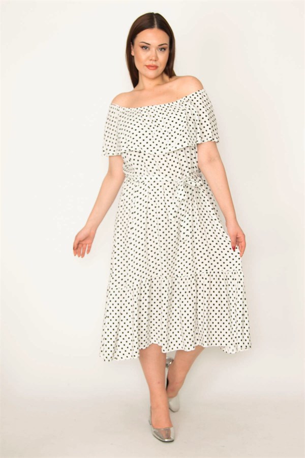 KADIN KEMİK PUAN DESEN YAKASI LASTİK VE VOLAN DETAYLI ETEĞİ KATLI DOKUMA VİSKON KUMAŞ ELBİSE