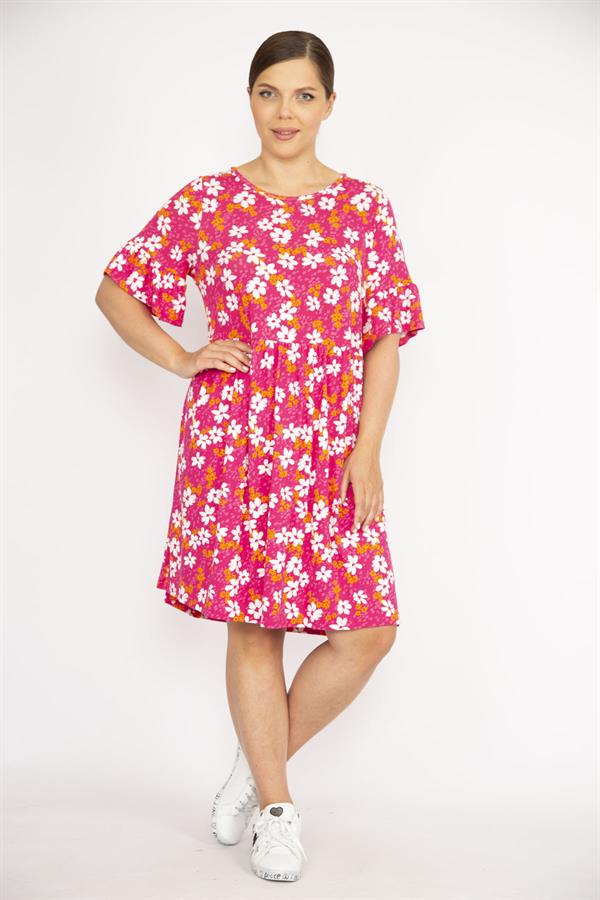 Kadın Büyük Beden Renkli Bisiklet Yakalı Volan Kollu Belden Büzgülü Elbise