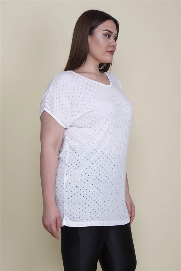 Kadın Kemik Nopeli Kumaş V Yakalı Düşük Kol Bluz 65N25690