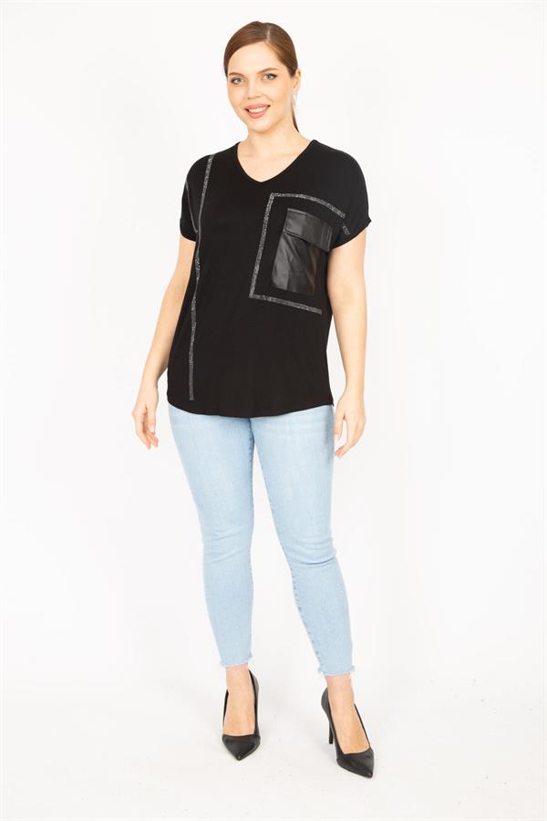 Kadın Siyah Büyük Beden Taş Ve Suni Deri Garnili Düşük Kollu Bluz