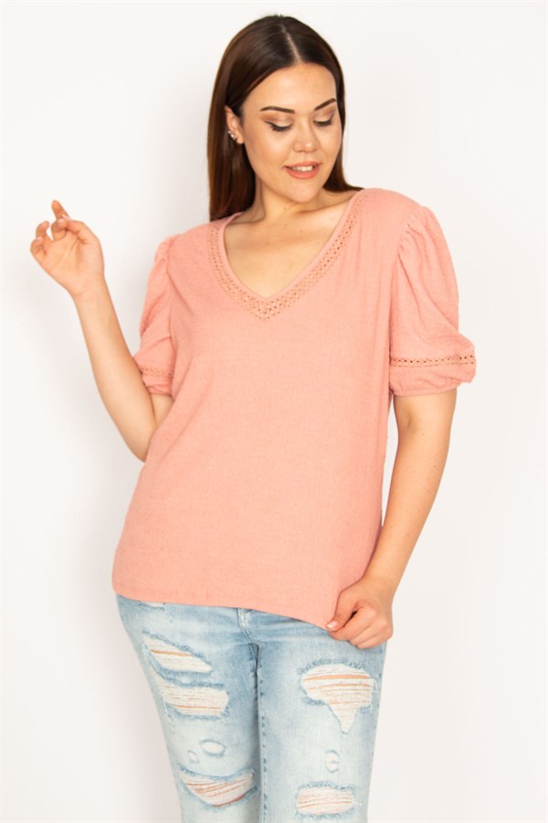 Kadın Gül Kurusu Yaka Ve Kol Ağzı Dantel Detaylı Likralı Gofre Kumaş Bluz 65N33320