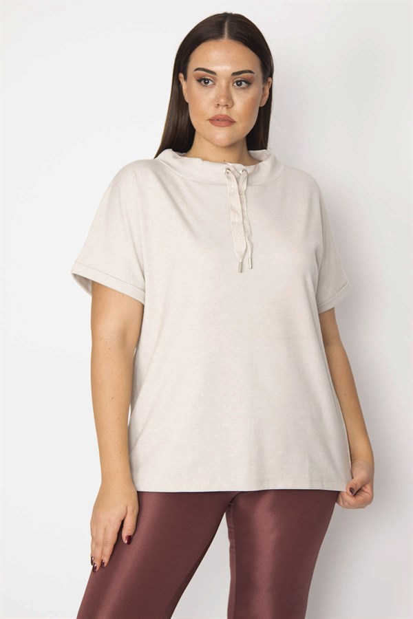 Kadın Taş Yakası Kuşgözü Bağcık Detaylı Yanları Sim Şeritli Dıuble Kollu Tunik 65N29614