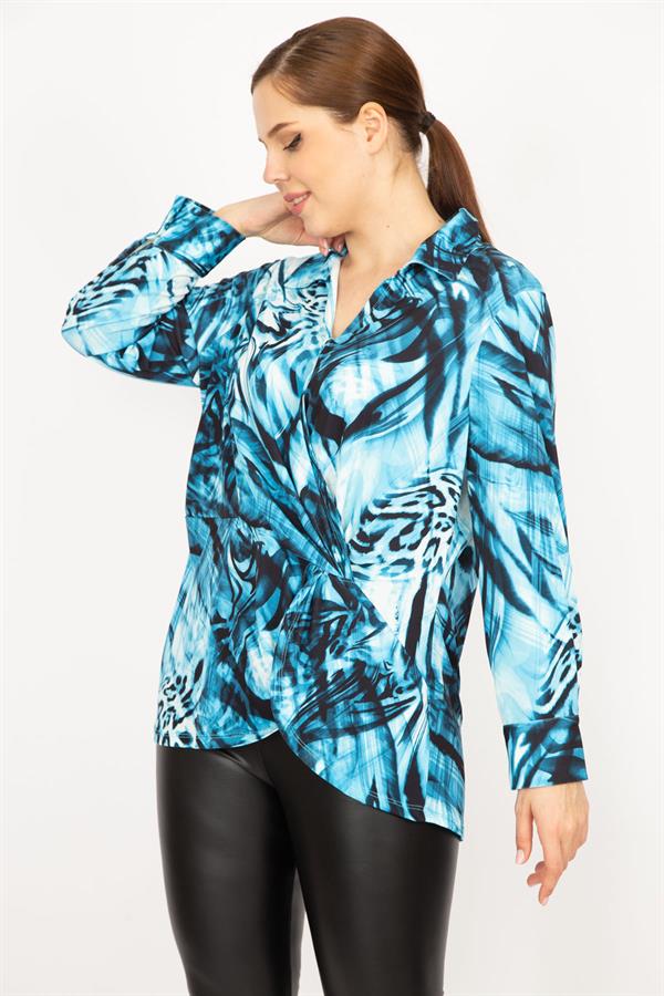 Kadın Mavi Büyük Beden Çıtçıt Kapama Anvelop Ön Büzgülü Tunik