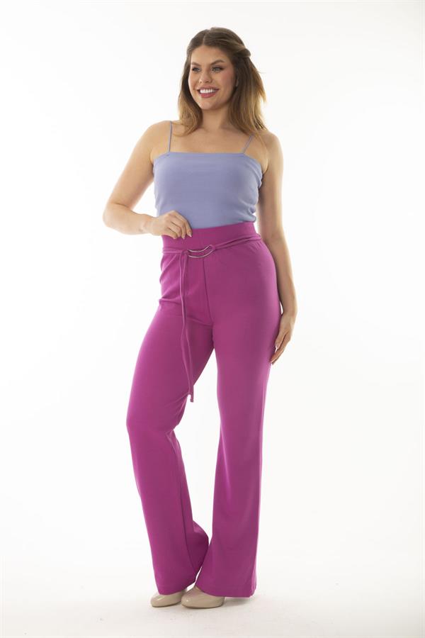 Kadın Büyük Beden Fujya Beli Lastik Ve Metal Tokalı Bağcık Detaylı Geniş Paça Pantolon 65N36998