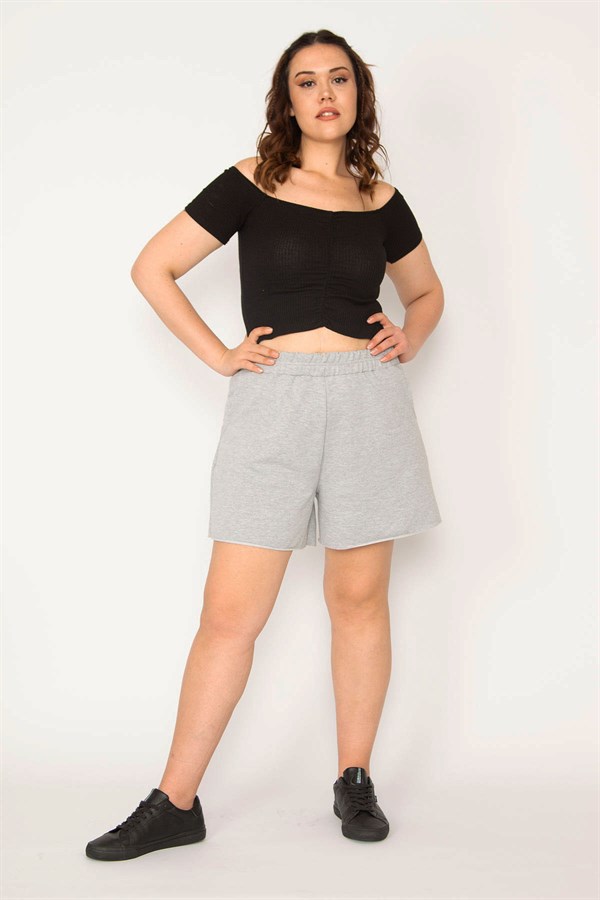 Kadın Gri Beli Lastikli Yan Cepli Şort 65N33176