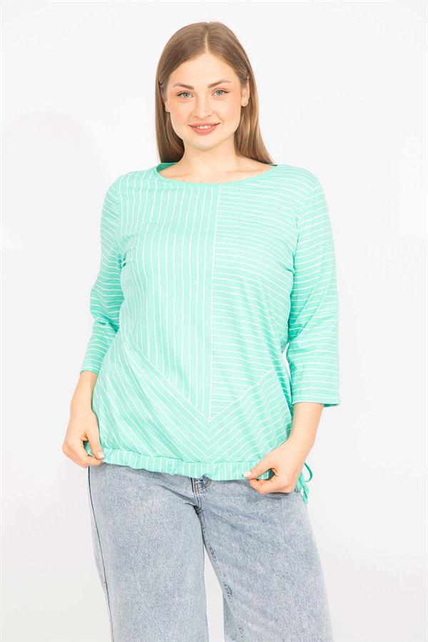 Kadın Lacivert Büyük Beden Pamuklu Kumaş Çizgi Kombinli Bluz 65N35571