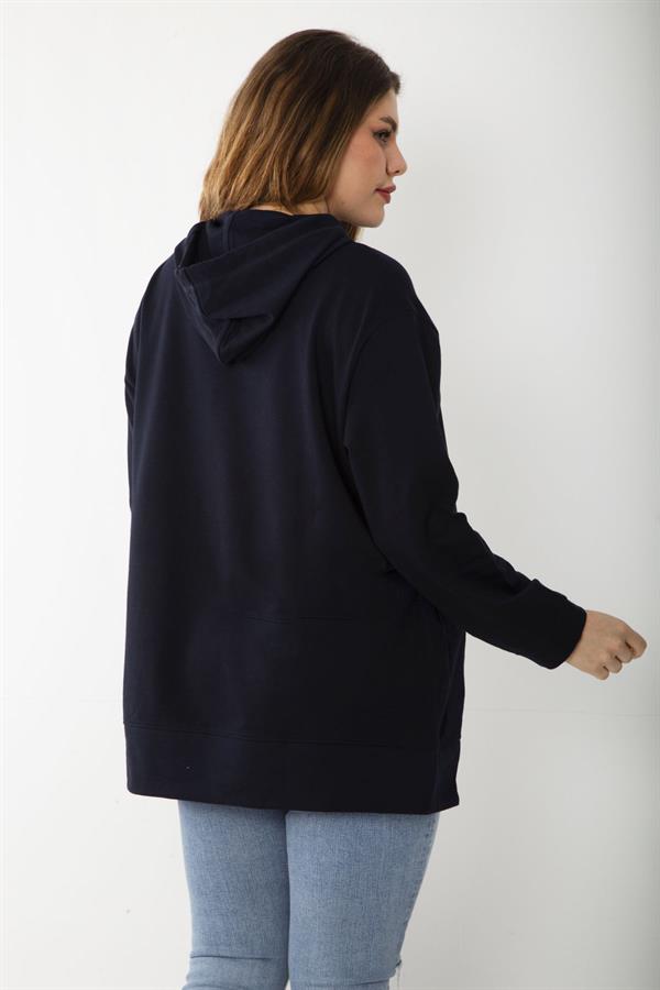 Women's Plus Size Navy Blue Relaxed Cut Side Slit Hooded Sweatshirt 65N37200
