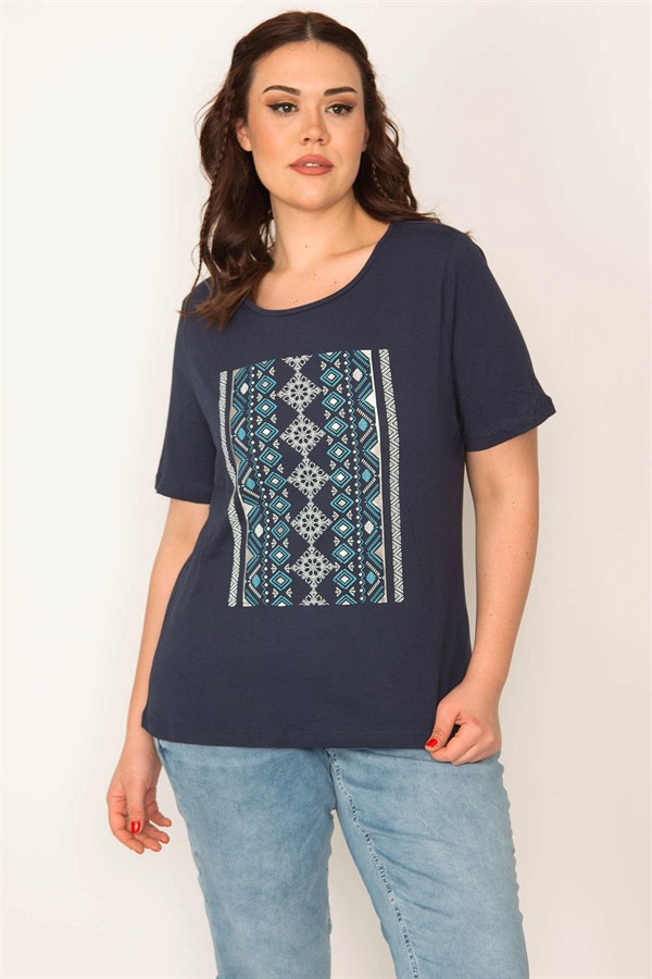 KADIN LACİVERT LAME BASKILI BİSİKLET YAKALI KISA KOLLU BLUZ