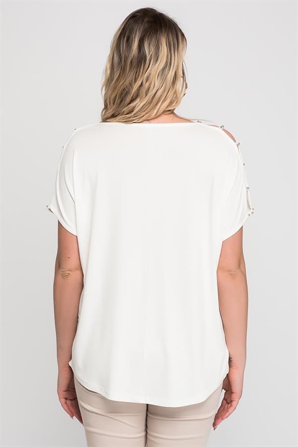 Kadın Bej Omuz Dekolteli İnci Detaylı Viskon Tunik 65N15453