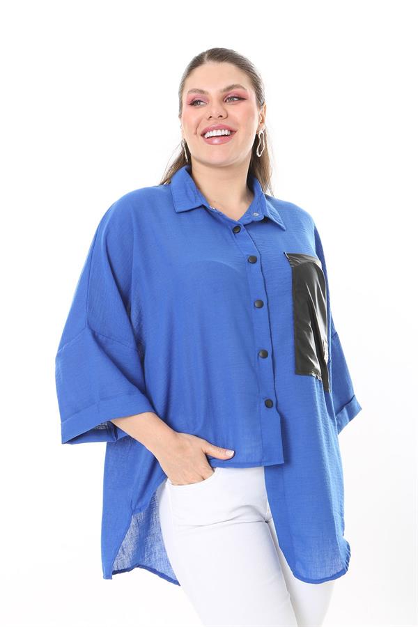 Chemise en similicuir grande taille pour femme, fermeture à boutons-pression, poche et détail sur le devant 65N37698 Chemise en similicuir grande taille pour femme, fermeture à boutons-pression, poche et détail sur le devant 65N37698