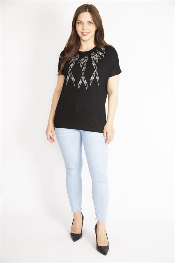 Kadın Siyah Büyük Beden Bisiklet Yaka Taş Detaylı Düşük Kollu Bluz