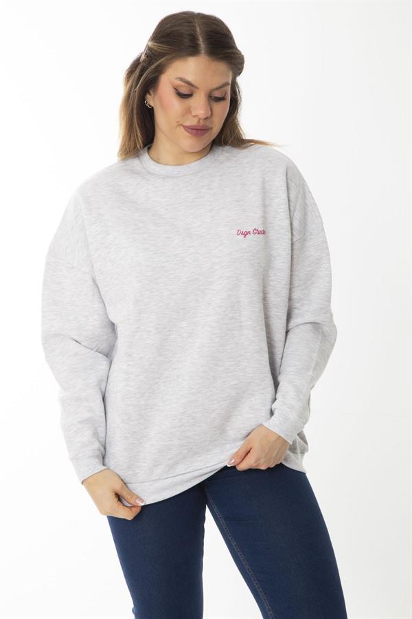 Women's Plus Size Gray Embroidered Inside Swatshirt 65N37008