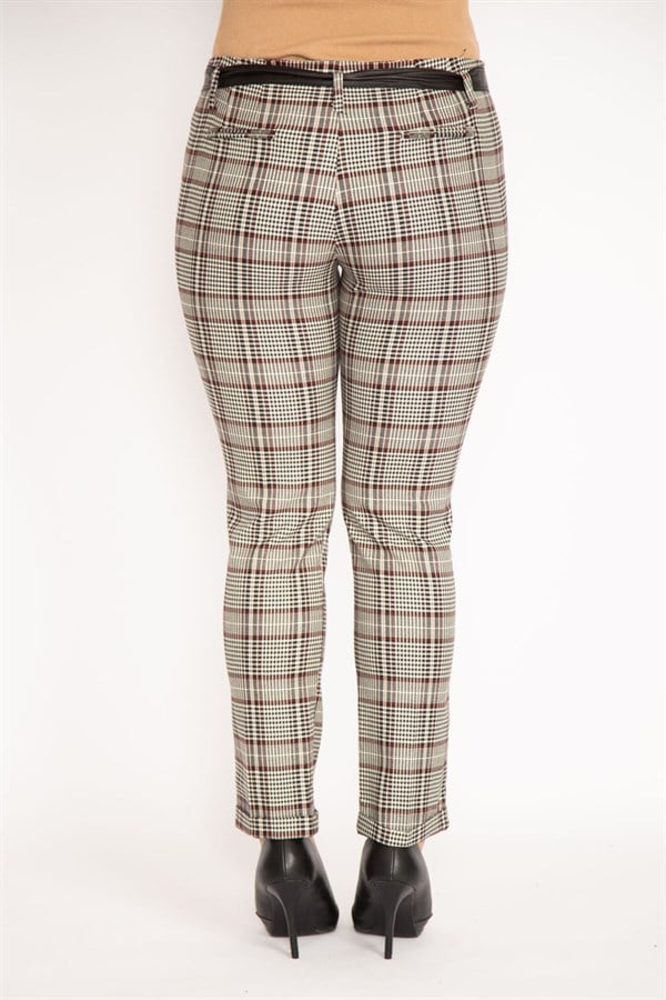 Kadın Bordo Ekose Desenli Gizli Kemer Ön Fermuarlı Yan Cepli Suni Deri Kuşak Detaylı Klasik Pantolon