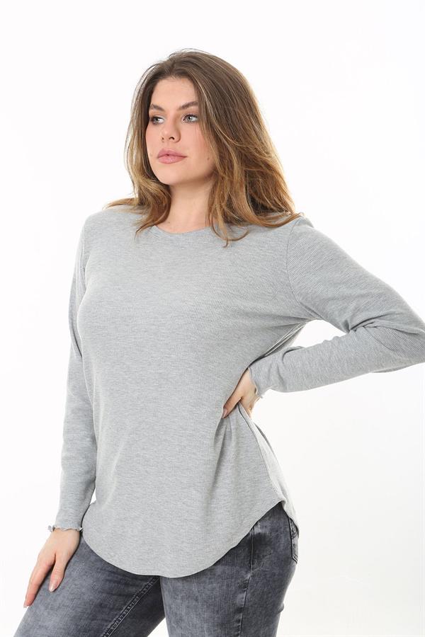 Kadın Büyük Beden Gri Bisiklet Yakalı Kendinden Çizgili Uzun Kollu Bluz 65N37529